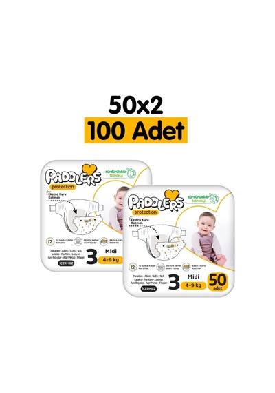 Protection Bebek Bezi 3 Numara Midi 4-9 Kg 100 Adet 2 Li Jumbo Set, Maksimum Koruma Diğer