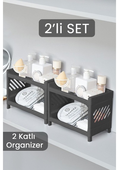 2'li Çift Katlı Makyaj Takı Kozmetik Rafı Düzenleyici Çok Amaçlı Organizer Antrasit