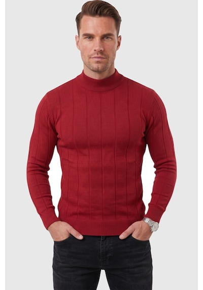 Deepsea Erkek Bordo Slim Fit Likralı Tüylenme Yapmayan Yarım Balıkçı Çizgili Triko Yarım Boğazlı Kazak 2505503 Bordo