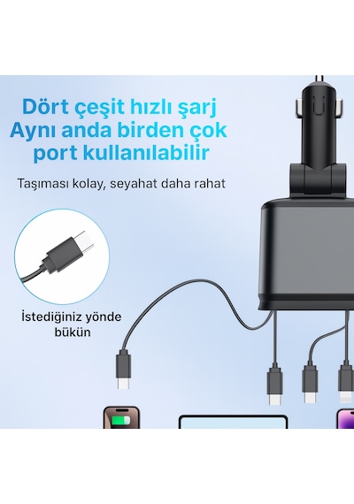 4 İn1 Geri Çekilebilir Araç Şarj Cihazı Çatı Yıldız