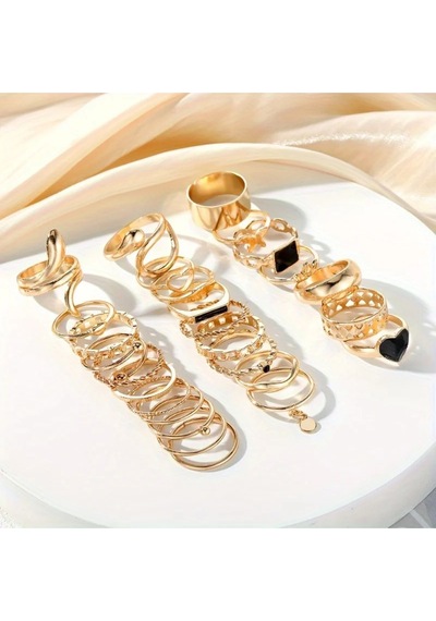 Girift Vintage Udaya Gold Çoklu Yüzük Seti Siyah Taşlı Altın