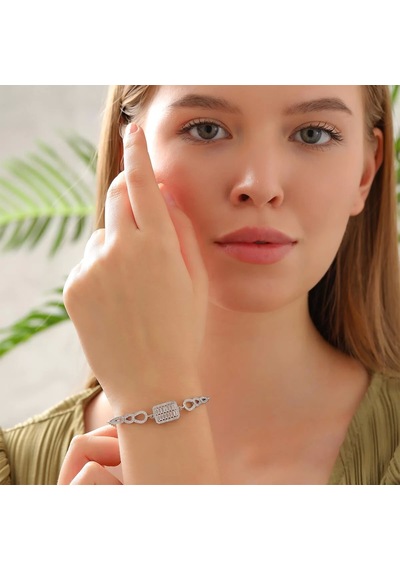 Zirkon Taşlı Damla Motifli Kare Baget Gümüş Bileklik Silver 925 Ayar Gümüş