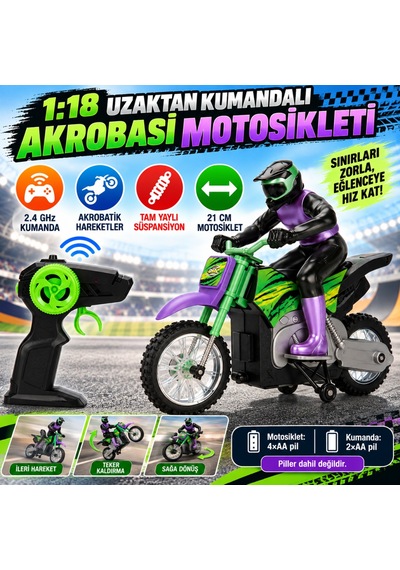 1:18 Uzaktan Kumandalı Akrobasi Motosikleti Çok Renkli