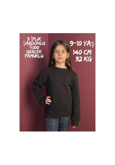 Pxm 3 Iplik Şardonlu Premium Kumaş Düz Çocuk Sweatshirt Siyah Siyah