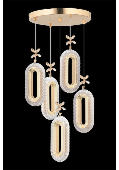 LumiaLighting Eclipse Model 5'li Kumandalı Gold 3 Renk Ledli Kristal Taşlı Modern Salon Mutfak Oturma Odası Led Avize Altın
