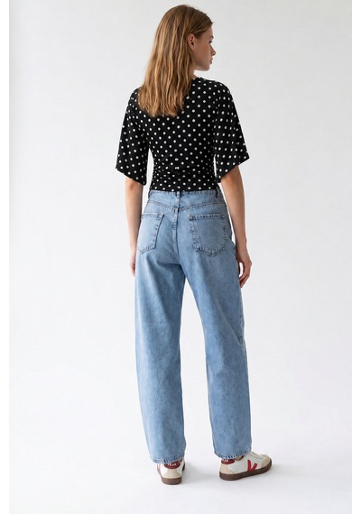 Mixray 2172 Kadın Yüksek Bel Geniş Paça Barrel Denim Pantolon Mavi