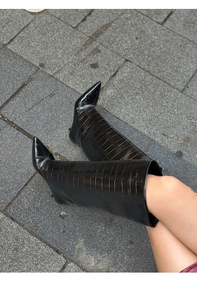 Erva'nın Butiği Siyah Kroko Veray Xl Oversize Kalın Baldır 5 Cm Mini Topuk Çizme-6518