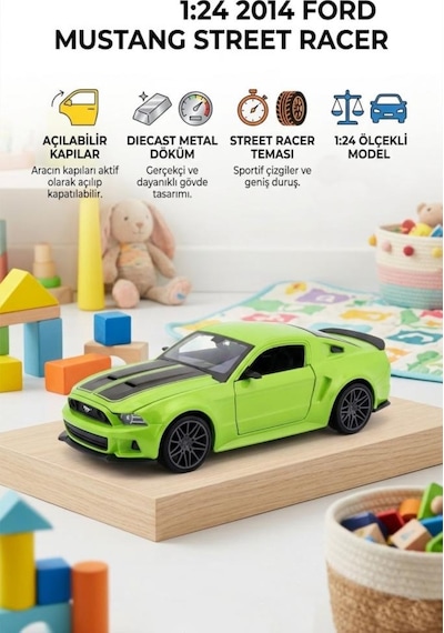 Maisto Lisanslı Metal Ford Mustang Street Racer 2014 1:24 Kapıları Açılabilir Oyuncak Model Araba Yeşil