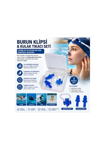 Yüzme Burun Klipsi Ve Silikon Kulak Tıkacı Seti 3 Parça Taşıma Kutulu Mavi Lacivert - 900266746 Lacivert