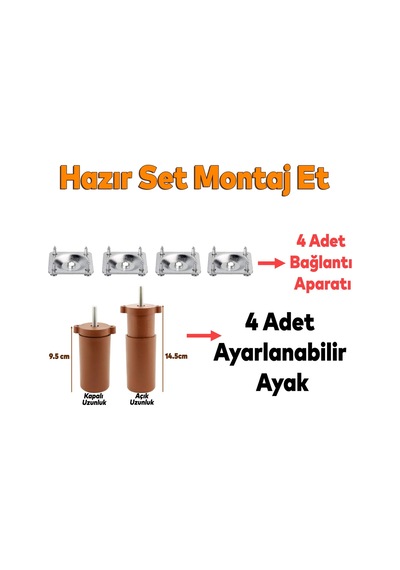 Badem10 Mobilya Kanepe Baza Koltuk Destek Ayağı Ayarlı 9.5 Cm Kahverengi Ayak+bağlantı Aparatı 4'lü Set 6395751