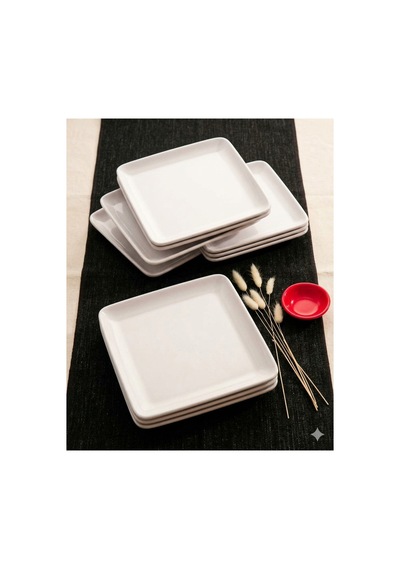 12 Parça Kare Melamin Servis Tabağı Seti - 30 Cm Kahvaltı, Pasta Ve Tatlı Tabağı Krem