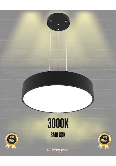 Drum 40cm Siyah Kasa, Sarı Işık Modern Sarkıt Led Avize Siyah