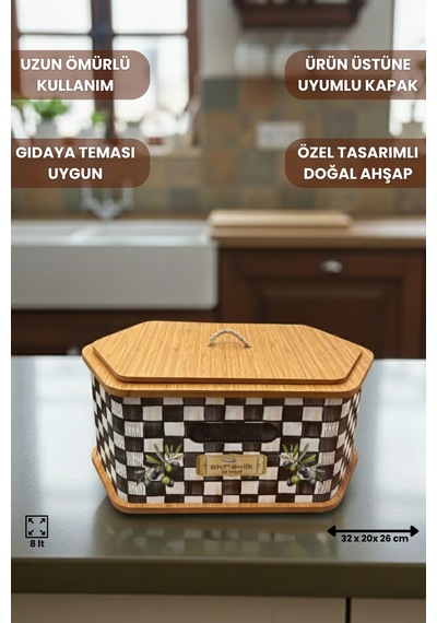 Geleneksel Tasarım Kapaklı Büyük Ekmeklik Altıgen Ahşap Ekmek Sepeti Dama Desenli Çok Renkli