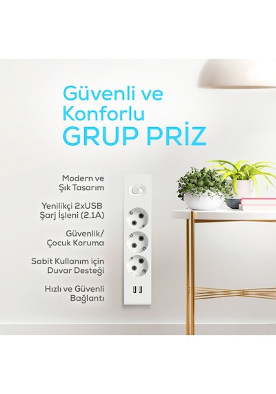 Günsan Elektrik 2 Usb'li 3'lü Çocuk Korumalı Topraklı Anahtarlı Grup Priz 3 Metre - 01351130-303310n11