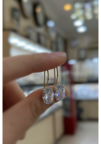 Gümüş Oval 12x8 Mm 4,5 Carat Sallantılı Altın Kaplama Tektaş Küpe Sarı
