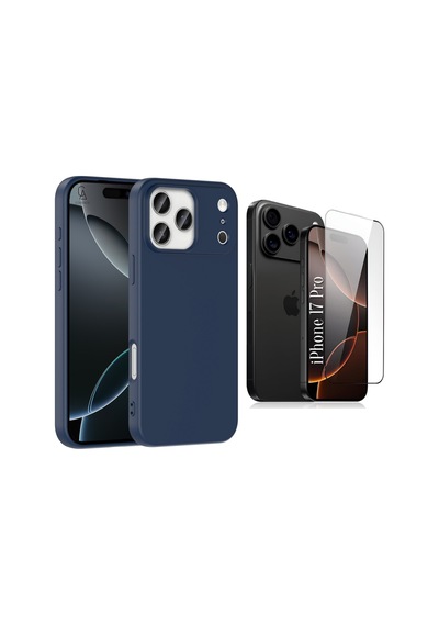 Apple Uyumlu iPhone 17 Pro Içi Kadife Lansman Kılıf Ve 5d Tam Kaplayan Cam Ekran Koruyucu Lacivert