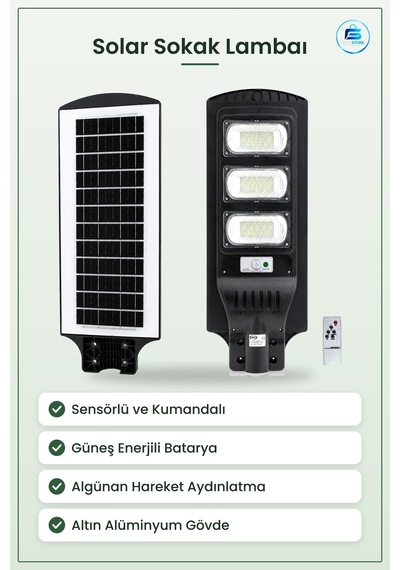 Solar Sokak Lambaı 300w 6500k Sensörlü Kumandalı Güneş Enerjili B