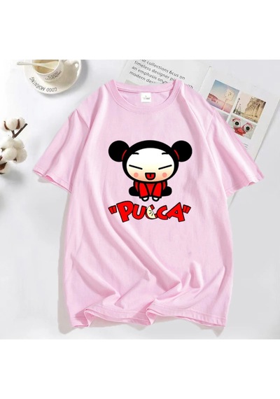 Flood Of Style Komik Karikatür Pucca Çin Bebek T-shirt Erkekler Kadınlar Sevimli Grafik T Shirt Pamuk Kısa K Pembe