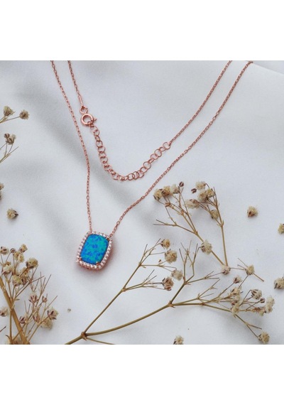 Zirkon Taş Çerçeveli Opal Rose Gold Kaplama Gümüş Kolye Gümüş