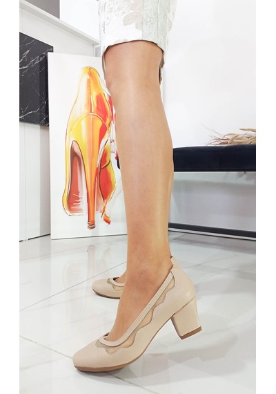 Ten Renk Fincan Kısa Kalın Topuk Fileli Anne Abiye Ayakkabı 001