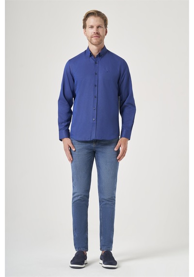 İmza Lacivert Düğmeli Yaka Oxford Slim Fit Pamuklu Gömlek 1004265124 Açık Lacivert