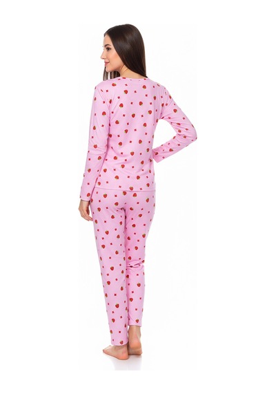Bisiklet Yaka Süet Pijama Takımı 6001 Çilekli Pembe