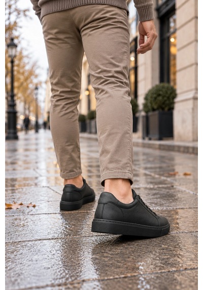Mevese Etile Bağcıklı Cilt Erkek Günlük Sneaker Ayakkabı - Kömür