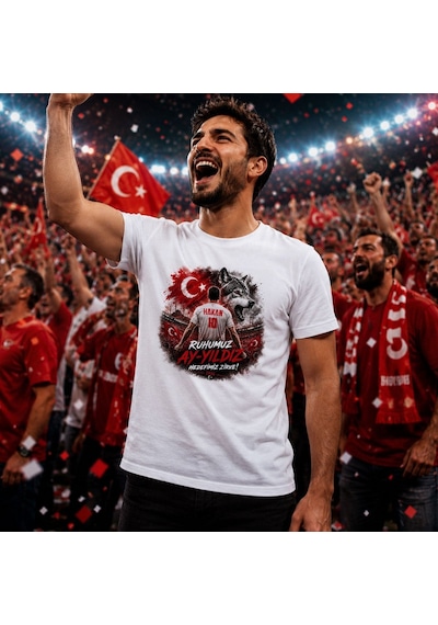 Bk Gift Kişiye Özel Türkiye Taraftar Temalı 2026 Dünya Kupası Tasarımlı Tişört-4, Tek Yürek Milli Takım Ruhu Beyaz