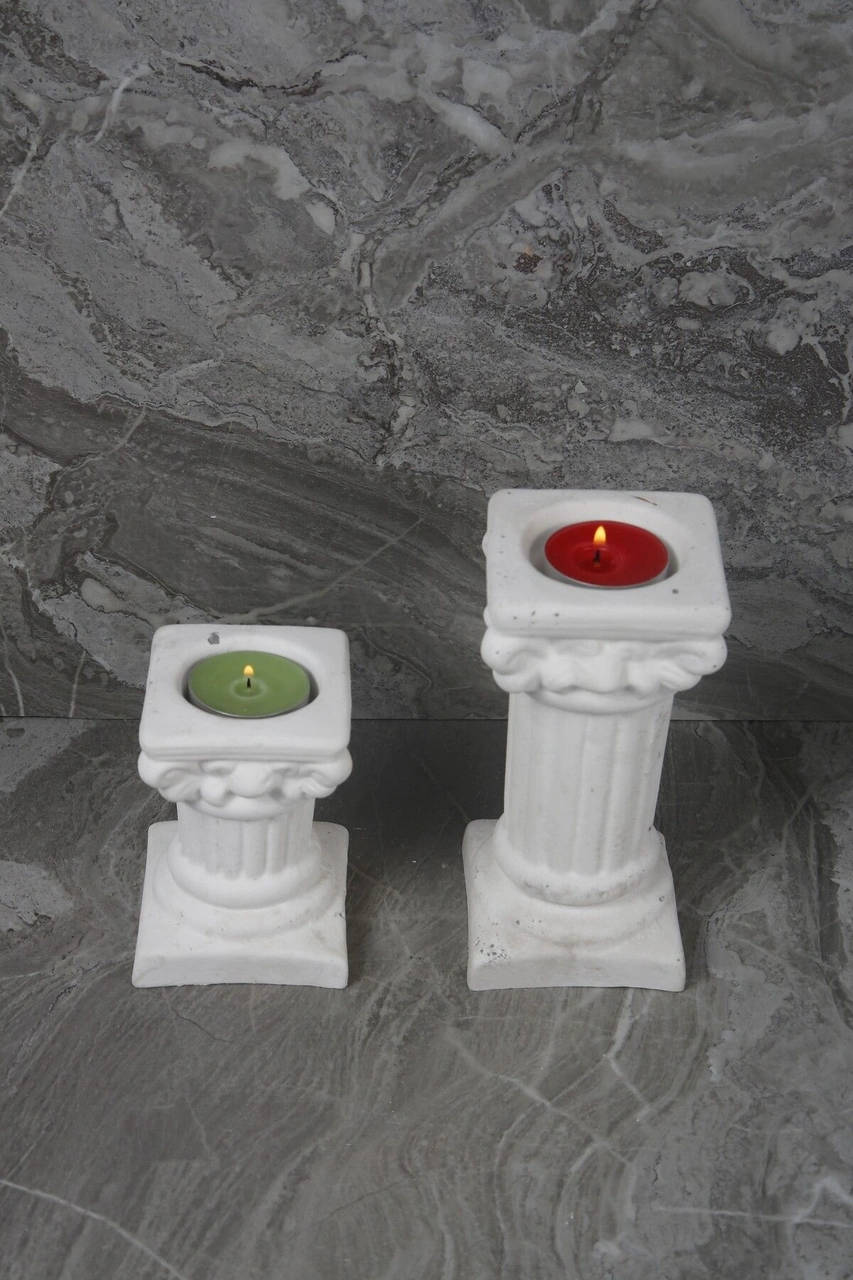 Dekoratif Antik Roma Sütun Şeklinde Beton Tealight Mumluk Set 2 Parça Beyaz