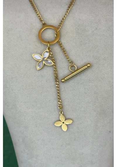 Kadın Gold Renk Çelik Yonca Model Üst Segment Kolye 45 Cm Gold