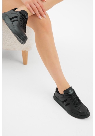 Tonny Black Kalın Faylon Hafif Taban Şeritli Bağcıklı Unisex Siyah Spor Ayakkabı Tbprf020 Siyah