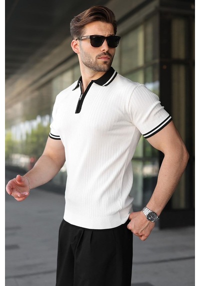 Madmext Beyaz Yarım Fermuarlı Polo Yaka Triko Erkek Tişört E7501