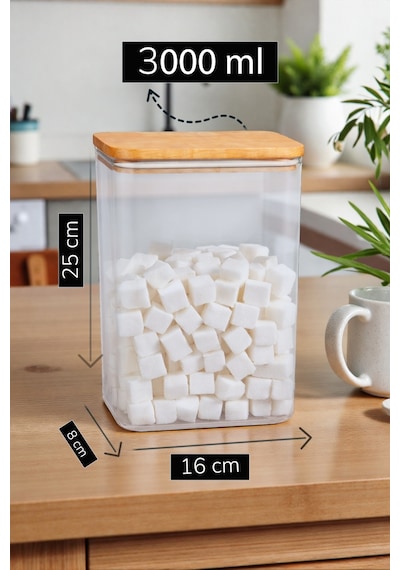 12 Li Ahşap Vakumlu Kapaklı Erzak Saklama Kavanozu Saklama Kabı Ve Kutusu 3 Litre Etiketli Şeffaf
