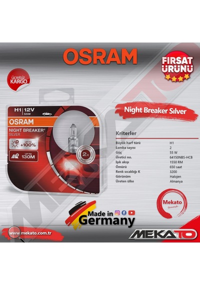 Osram Night Breaker Silver H1 Ampul Seti Sağ Ve Sol 2 Li