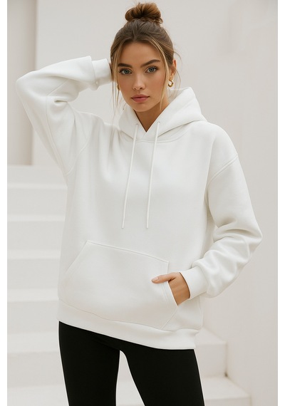 Kadın Ekru Kanguru Cepli Kapüşonlu Scuba Sweatshirt Ekru