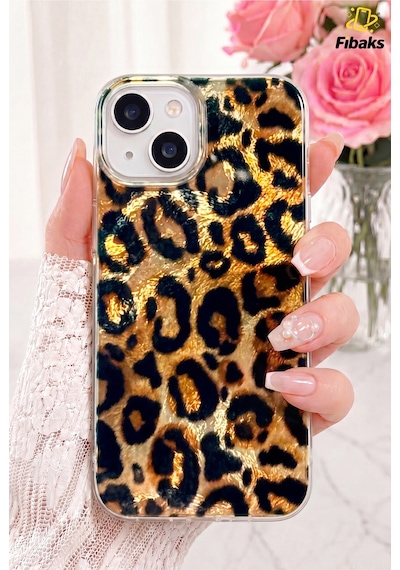 Fibaks iPhone 13/14/15 Uyumlu Kılıf Hologramlı Kahverengi Leopar Desenli Darbe Emici Kamera Korumalı Silikon