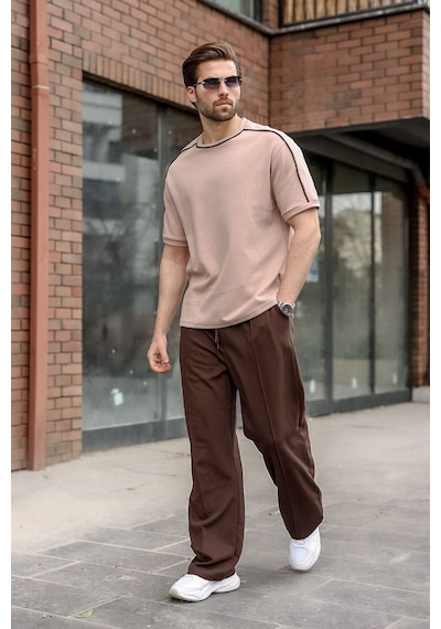 Madmext Camel Şerit Detaylı Modern Kesim Erkek Tişört E7182