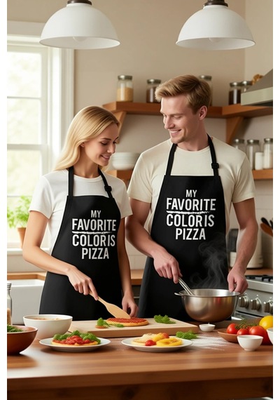 Unisex Mutfak Aşçı Önlüğü Pizza Baskılı Mizahi Tasarım Günlük Rah Siyah