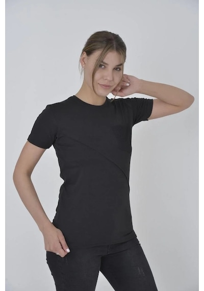 Kadın File Cepli T-shirt Kısa Kol Bisiklet Yaka Slimfit Tişört - Siyah Siyah