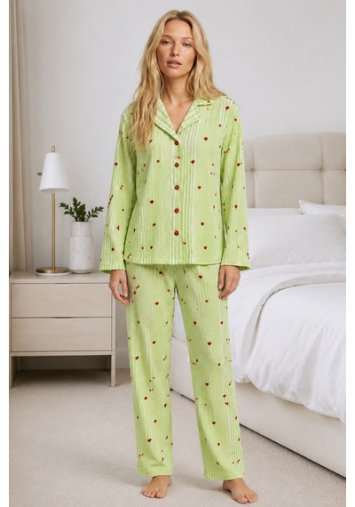 Kadın Ev Giyimi Rahat Yeşil Pijama Takımı 4660