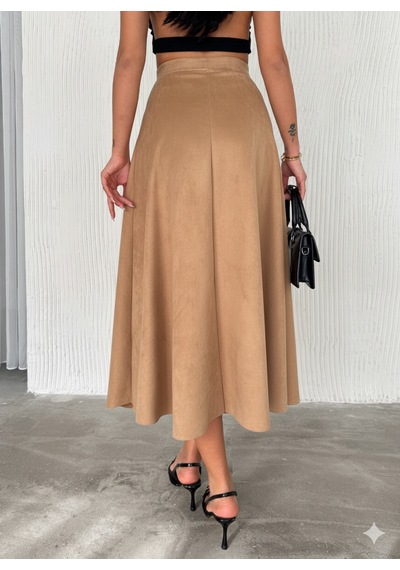 Ozy Fashion Kadın Süet Kloş Etek Açık Kahverengi