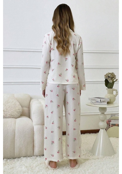 Bella Notte Kadın Ekru Çiçek Baskılı Kışlık Uzun Pijama Takımı