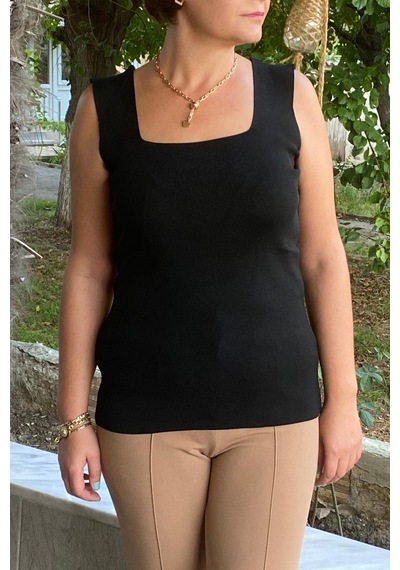 Mia Butik Büyük Beden Siyah Kare Yaka Triko Bluz -1269 Siyah