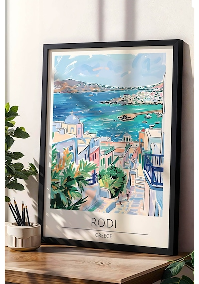 Yunanistan Rodi Temalı Çerçeveli Tablo Travel Serisi Modern İllüstrasyon Ada Duvar Dekoru Siyah