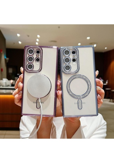 Samsung Galaxy S25 İçin Magsafe İle Uyumlu Kılıf Simli Kamera Kenar Taşlı Kapak Mavi