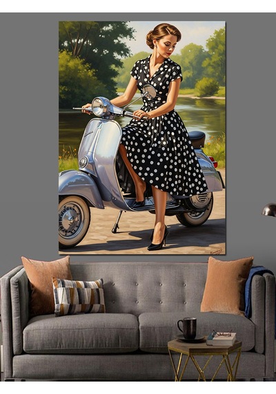 Ahşap Tablo Scooter Süren Siyah Beyaz Puantiye Elbiseli Vintage Kadın
