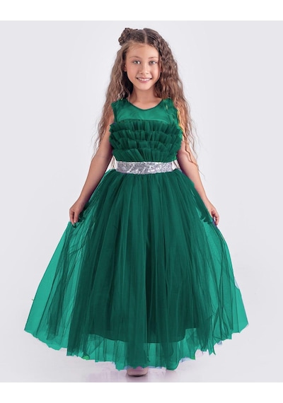 Mnk Baby & Kids Sapes Model Sırt Gipeli Tüllü Kız Çocuk Askılı Saten Abiye Mnk0618 Yeşil