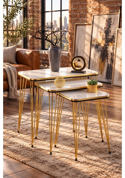 Odera Beyaz Siyah- Detaylı Zigon Sehpa 3'lü Set Metal Ayaklı Modern Retro Salon Sehpası Diğer