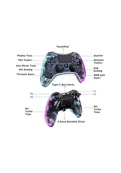Ps-p05 Rgb Led Işıklı Ps4-ps3-tv-Apple Uyumlu iOS -pc Kablosuz Joystick Gamepad Oyun Kolu