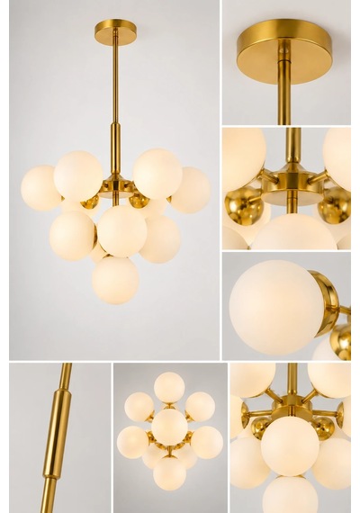 Modern Premium 11'li Gold Opal Küre Avize Modern Sarkıt Avize Salon Yemek Odası Avizesi 11xe14